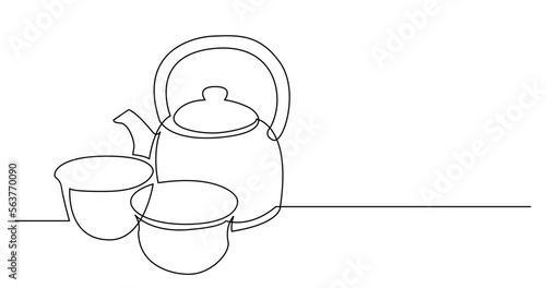 continuous line drawing vector illustration with FULLY EDITABLE STROKE of kettle and two tea cups