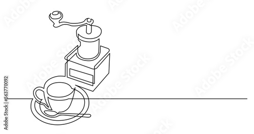 continuous line drawing vector illustration with FULLY EDITABLE STROKE of manual coffee grinder and cup of coffee