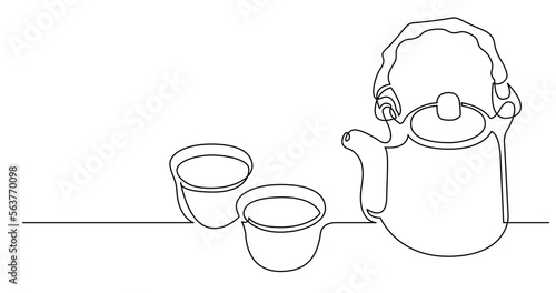 continuous line drawing vector illustration with FULLY EDITABLE STROKE of oriental style tea pot with bamboo handle andcups