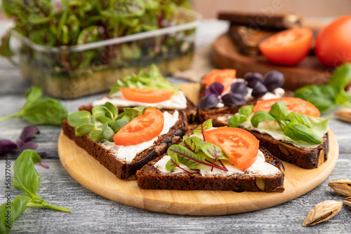 Grain rye bread sandwiches with cream cheese, tomatoes and sorrel microgreen on gray. side view, selective focus.
