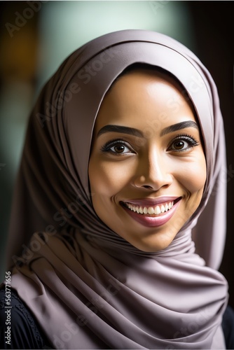 Smiling young college female student wearing a hijab looking at the camera. generative AI