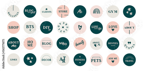 Lifestyle Social Media Text Style Icon Set For IG Stories. Modern Set For Business, Bloggers, Marketing, Branding. Highlight Covers, Minimalist Highlights for Instagram, Pink and green colours