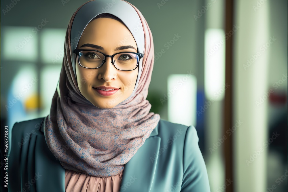 Portrait of confident Beautiful smiling muslim working businesswoman wearing a hijab, suit and eyeglasses. generative AI Portrait of confident Beautiful smiling muslim working businesswoman wearing a hijab, suit and eyeglasses. generative AI