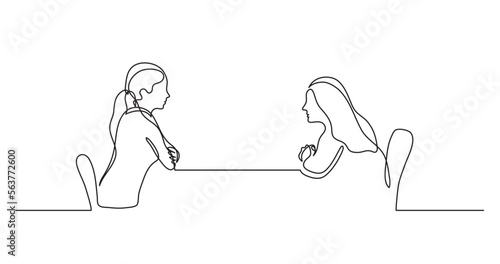 continuous line drawing vector illustration with FULLY EDITABLE STROKE of two young women sitting behind table talking