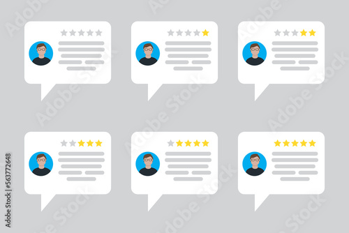 User feedback. Customer star review rating. card with message person rating. Client comment. Vector illustration.