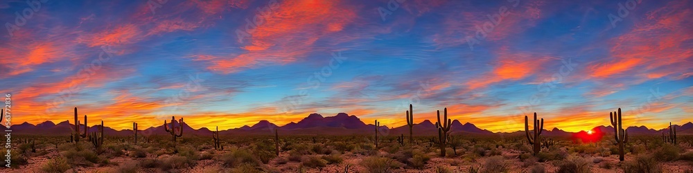 Arizona sunset - colorful and vivid southwestern desert panoramic landscape image created by generative AI - obrazy, fototapety, plakaty 