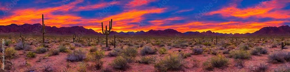 Arizona sunset - colorful and vivid southwestern desert panoramic landscape image created by generative AI - obrazy, fototapety, plakaty 