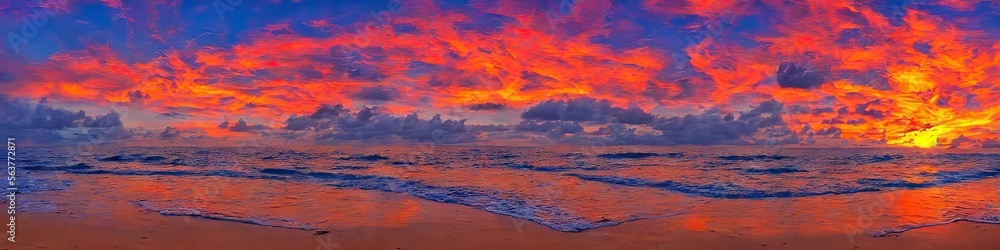 Fototapeta premium Tropical beach at sunset - panoramic image of a desolate empty beach with waves creeping over the sandy shore by generative AI