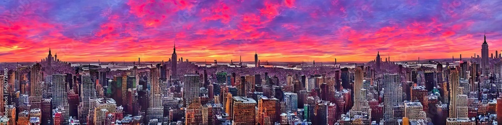 New York City skyline at sunset - panoramic image of a west coast city during the gorgeous setting of the sun. City skyline made by generative AI