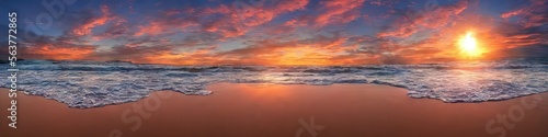 Tropical beach at sunset - panoramic image of a desolate empty beach with waves creeping over the sandy shore by generative AI © Brian