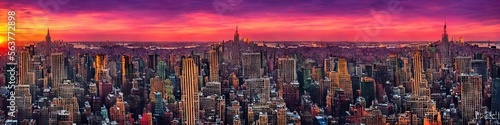 New York City skyline at sunset - panoramic image of a west coast city during the gorgeous setting of the sun. City skyline made by generative AI © Brian