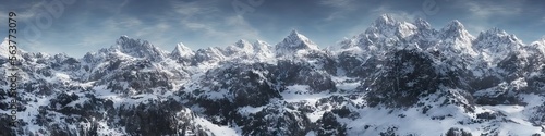 Snowy mountaintop panoramic landscape view - wintertime brings subzero temperatures to the frosty high-altitude environments. These desolate snowcapped mountains created by generative AI © Brian