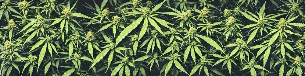 cannabis sativa plants budding with mmj (medical marijuana). Herbal design to replicate medical strains using generative AI. Extra wide image for web banners