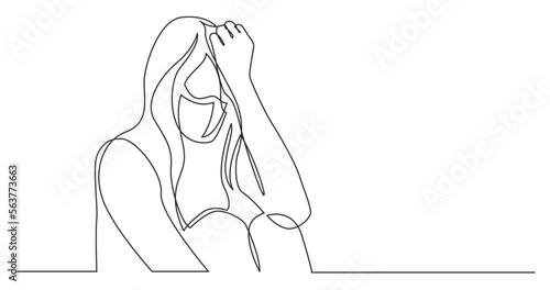 continuous line drawing vector illustration with FULLY EDITABLE STROKE - addicted woman in despair wearing face mask
