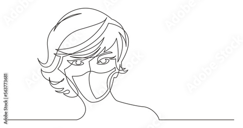 continuous line drawing vector illustration with FULLY EDITABLE STROKE - beautiful hairstyle woman wearing face mask