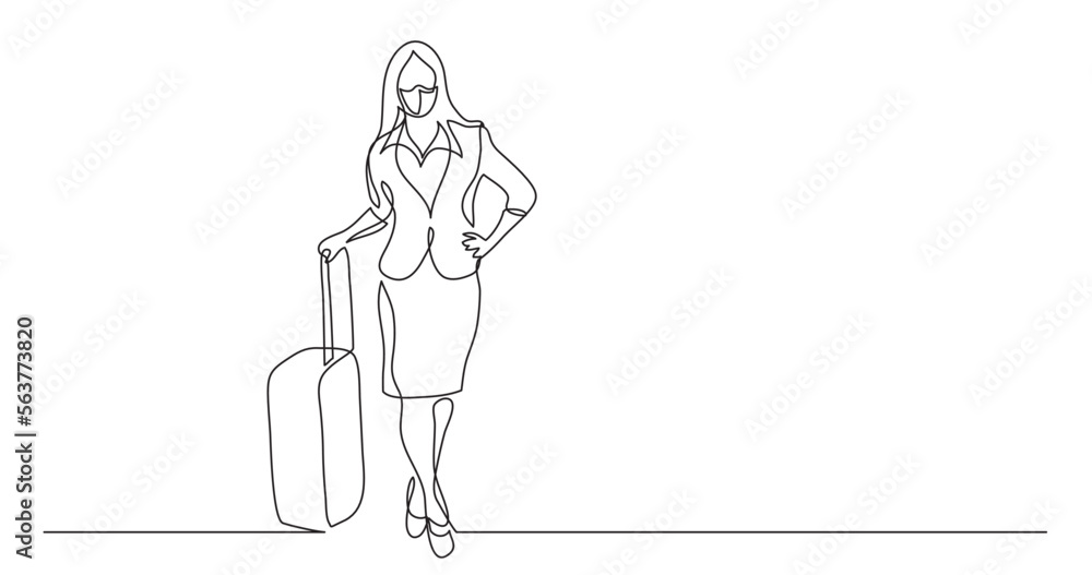 continuous line drawing vector illustration with FULLY EDITABLE STROKE - business traveler standing with bag on wheels wearing face mask