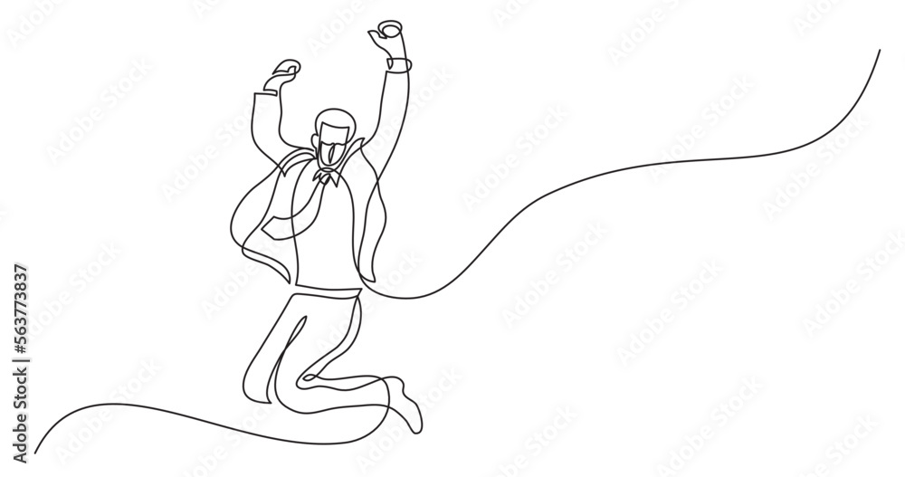 continuous line drawing vector illustration with FULLY EDITABLE STROKE - businessman jumping joy wearing face mask continuous line drawing vector illustration with FULLY EDITABLE STROKE - businessman jumping joy wearing face mask