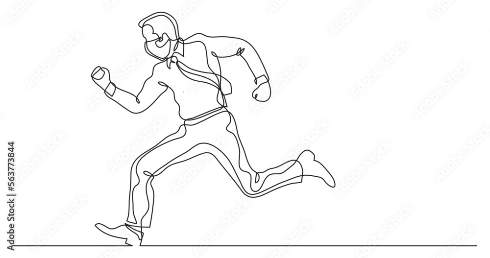 continuous line drawing vector illustration with FULLY EDITABLE STROKE - businessman running fast wearing face mask