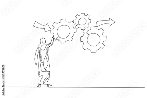 Drawing of muslim businesswoman make cogwheels work effective and efficient for best result concept of workflow management. One continuous line art style