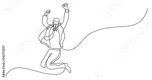 continuous line drawing vector illustration with FULLY EDITABLE STROKE - businessman jumping joy wearing face mask