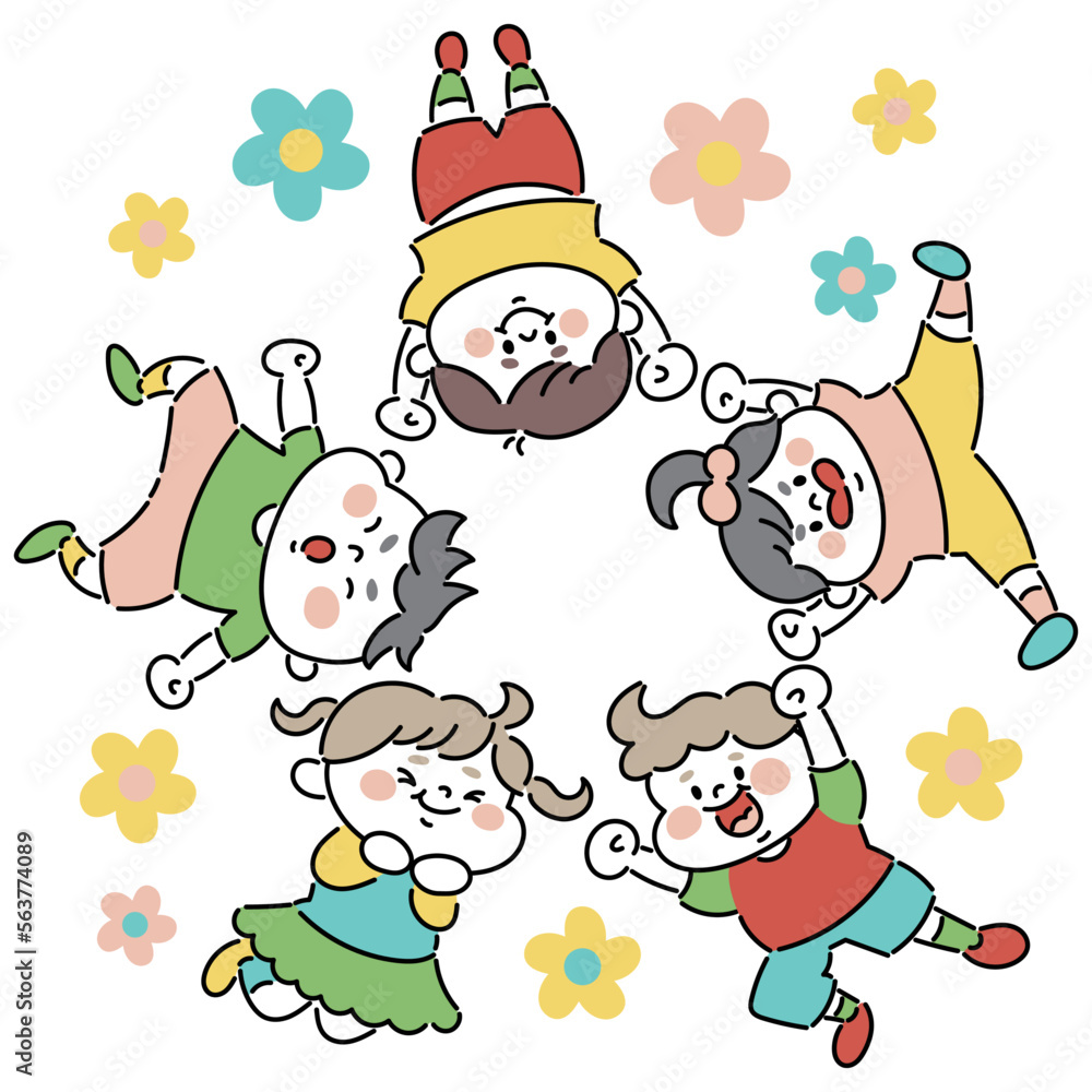 Naklejka premium ジャンプする子供たちとお花のイラスト素材