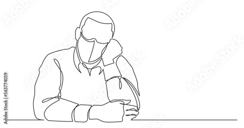 continuous line drawing vector illustration with FULLY EDITABLE STROKE - dreaming man wearing face mask