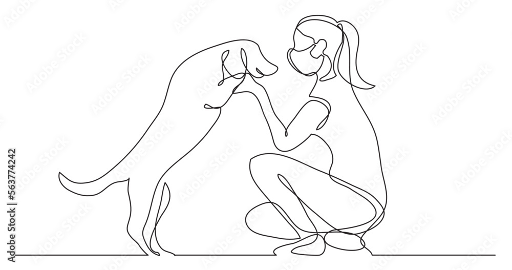 continuous line drawing vector illustration with FULLY EDITABLE STROKE - happy pet lover with dog wearing face mask