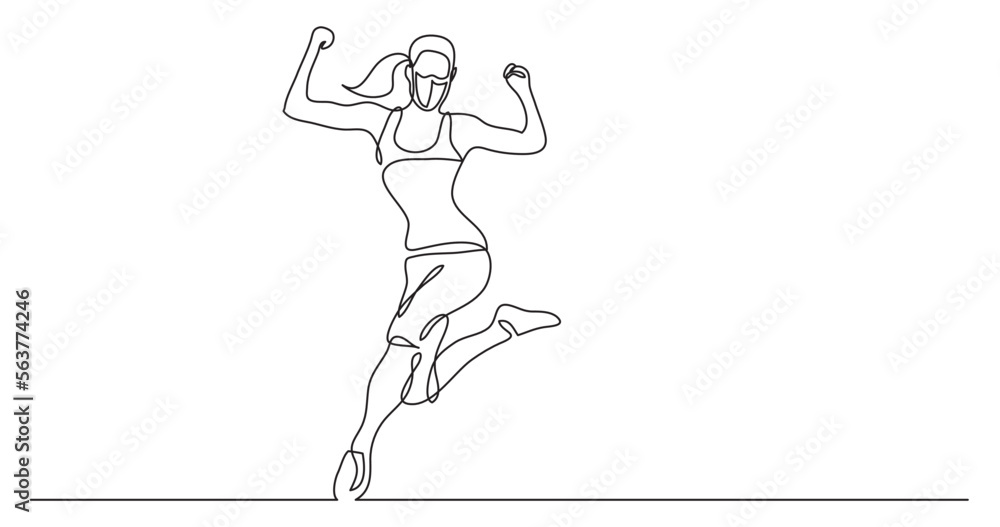 Fototapeta premium continuous line drawing vector illustration with FULLY EDITABLE STROKE - happy running athlete woman wearing face mask