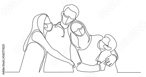 continuous line drawing vector illustration with FULLY EDITABLE STROKE - happy family of four 3 wearing face mask