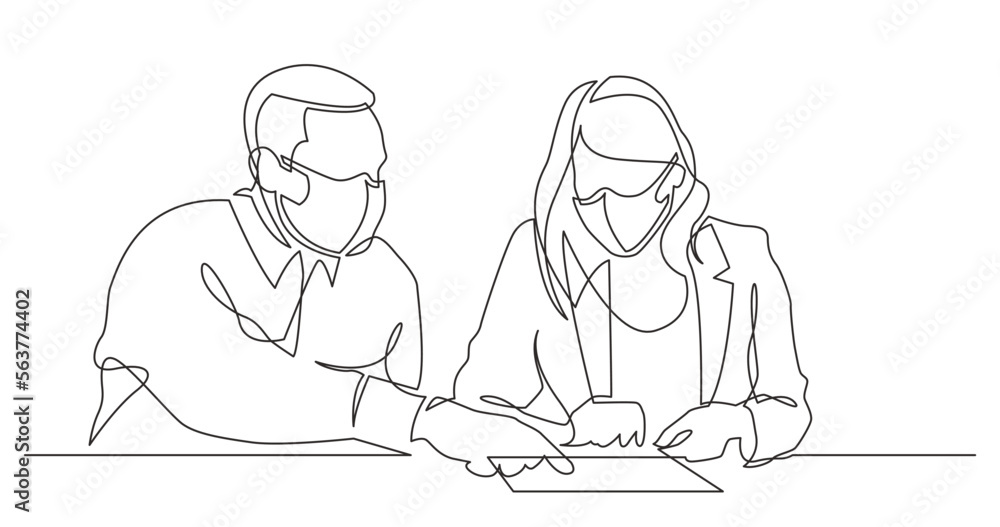 continuous line drawing vector illustration with FULLY EDITABLE STROKE - man instructing woman on work place wearing face mask