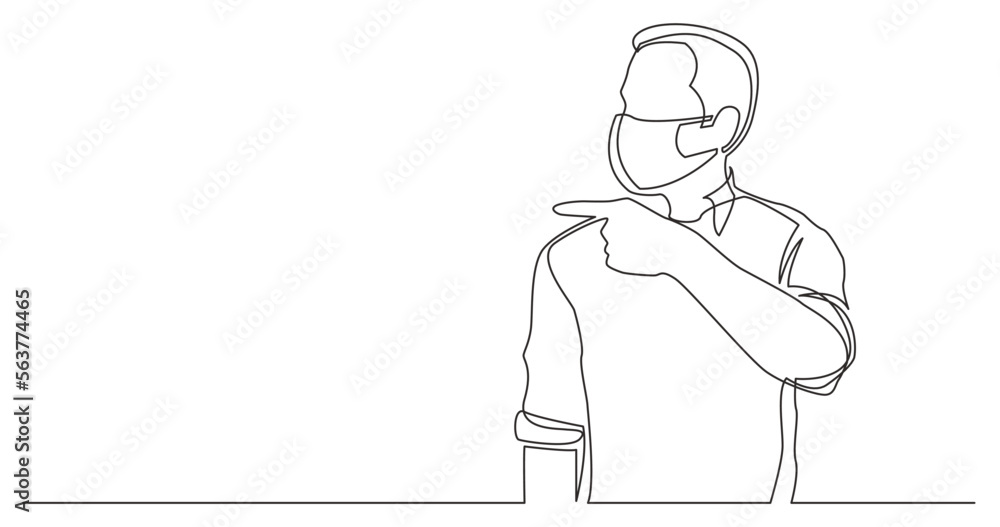 continuous line drawing vector illustration with FULLY EDITABLE STROKE - man showing with his finger wearing face mask