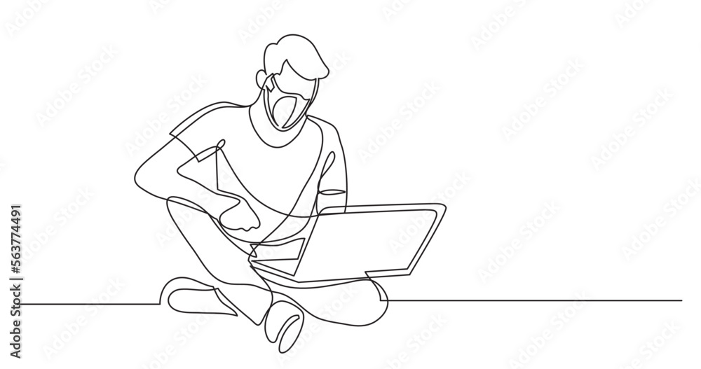 continuous line drawing vector illustration with FULLY EDITABLE STROKE - man sitting with laptop wearing face mask continuous line drawing vector illustration with FULLY EDITABLE STROKE - man sitting with laptop wearing face mask