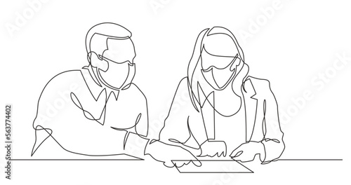 continuous line drawing vector illustration with FULLY EDITABLE STROKE - man instructing woman on work place wearing face mask