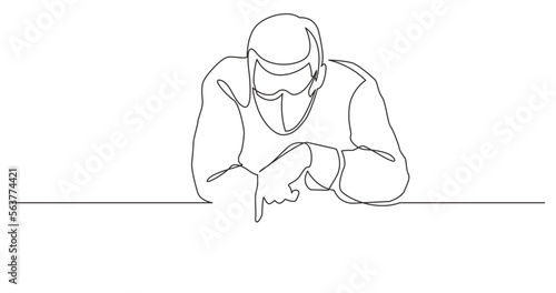 continuous line drawing vector illustration with FULLY EDITABLE STROKE - man pointing at blank banner wearing face mask