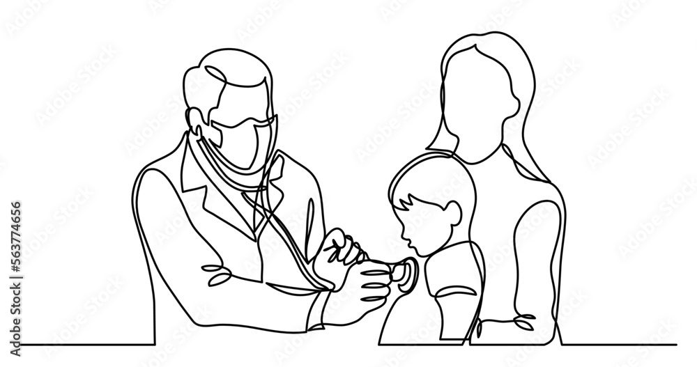 continuous line drawing vector illustration with FULLY EDITABLE STROKE - of doctor in protective mask checking child with stethoscope continuous line drawing vector illustration with FULLY EDITABLE STROKE - of doctor in protective mask checking child with stethoscope