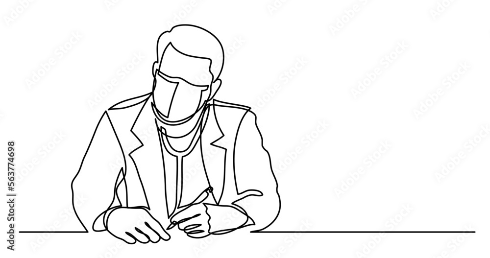 continuous line drawing vector illustration with FULLY EDITABLE STROKE - of doctor in protective mask with stethoscope writing notes