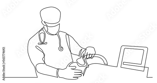 continuous line drawing vector illustration with FULLY EDITABLE STROKE - of doctor in mask putting ventilator on coronavirus patient