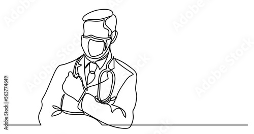 continuous line drawing vector illustration with FULLY EDITABLE STROKE - of doctor in protective mask and gloves with stethoscope