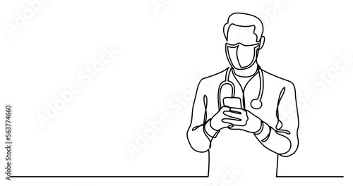continuous line drawing vector illustration with FULLY EDITABLE STROKE - of doctor in protective mask checking his smart phone