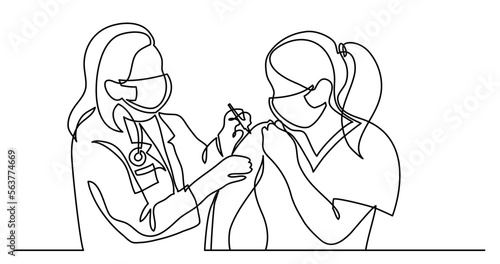 continuous line drawing vector illustration with FULLY EDITABLE STROKE - of doctor in protective mask doing vaccination shot to patient in mask