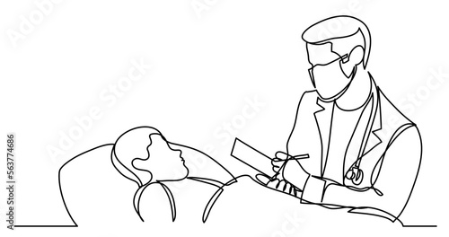 continuous line drawing vector illustration with FULLY EDITABLE STROKE - of doctor in protective mask talking to sick patient in bed