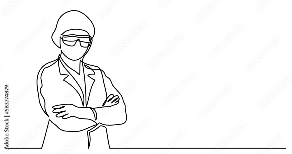 continuous line drawing vector illustration with FULLY EDITABLE STROKE - of standing doctor in mask and protective gloves