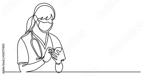 continuous line drawing vector illustration with FULLY EDITABLE STROKE - of nurse in protective mask and gloves checking her mobile phone