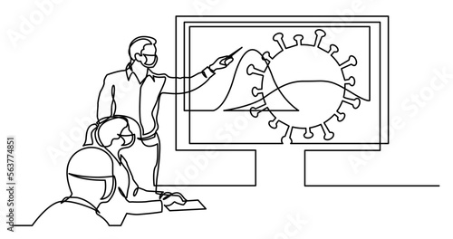 continuous line drawing vector illustration with FULLY EDITABLE STROKE - of people in masks discussing how to flatten the curve on coronavirus cases photo