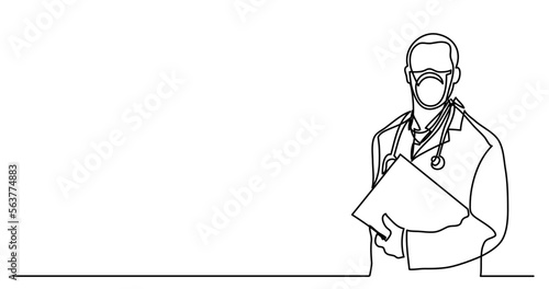 continuous line drawing vector illustration with FULLY EDITABLE STROKE - of first responders doctors in protective masks healthcare professionals
