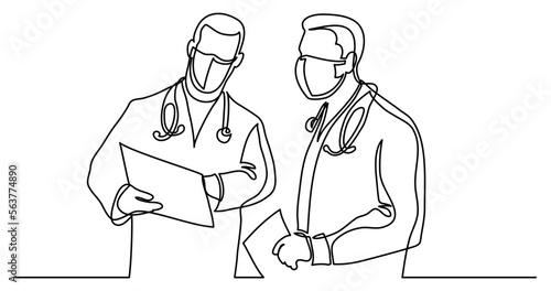continuous line drawing vector illustration with FULLY EDITABLE STROKE - of first responders doctors in protective masks healthcare professionals