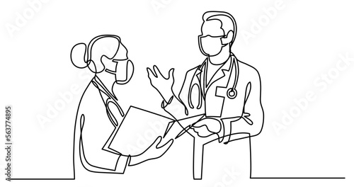 continuous line drawing vector illustration with FULLY EDITABLE STROKE - of first responders doctors in protective masks healthcare professionals