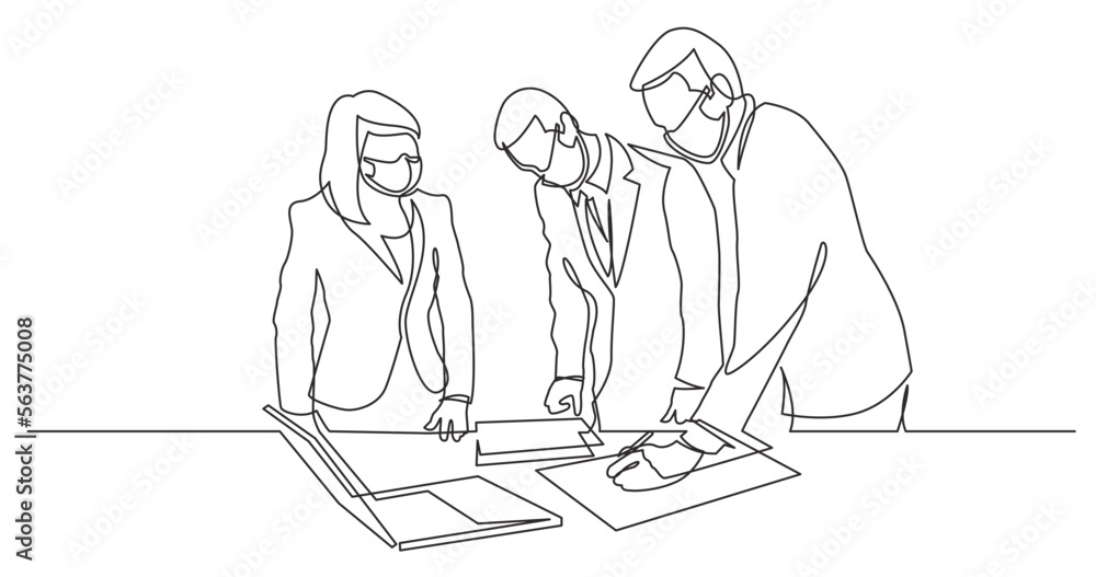 continuous line drawing vector illustration with FULLY EDITABLE STROKE - office workers editing documents wearing face mask