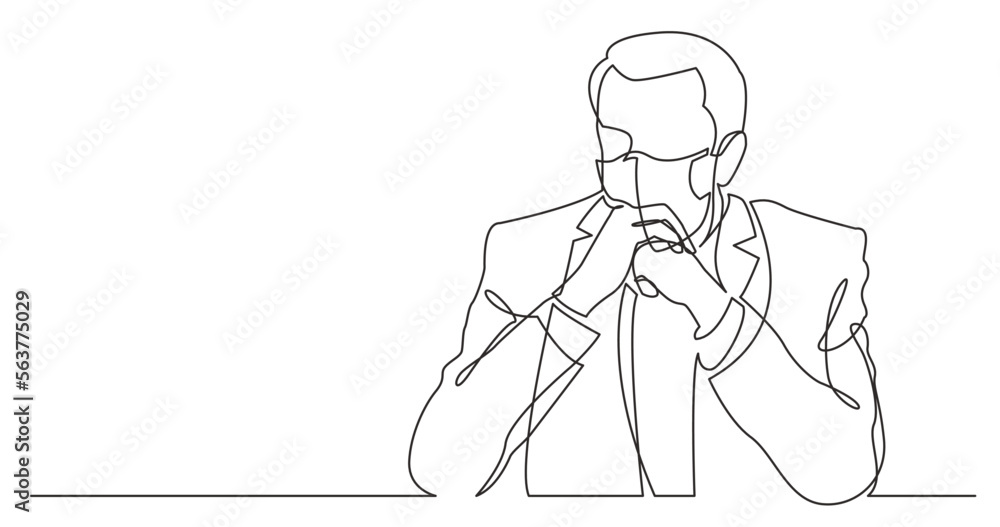 Fototapeta premium continuous line drawing vector illustration with FULLY EDITABLE STROKE - seriously thinking man wearing face mask