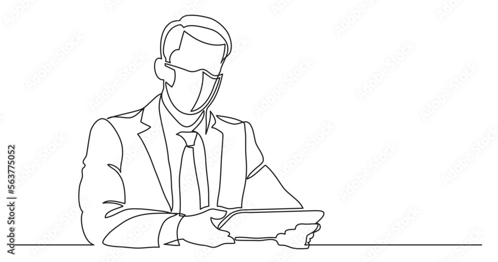 continuous line drawing vector illustration with FULLY EDITABLE STROKE - sitting businessman with tablet wearing face mask
